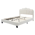 White Full Size Sherpa Fabric Upholstered Platform Bed with Elegant Flowers Headboard and Wooden Slats Support