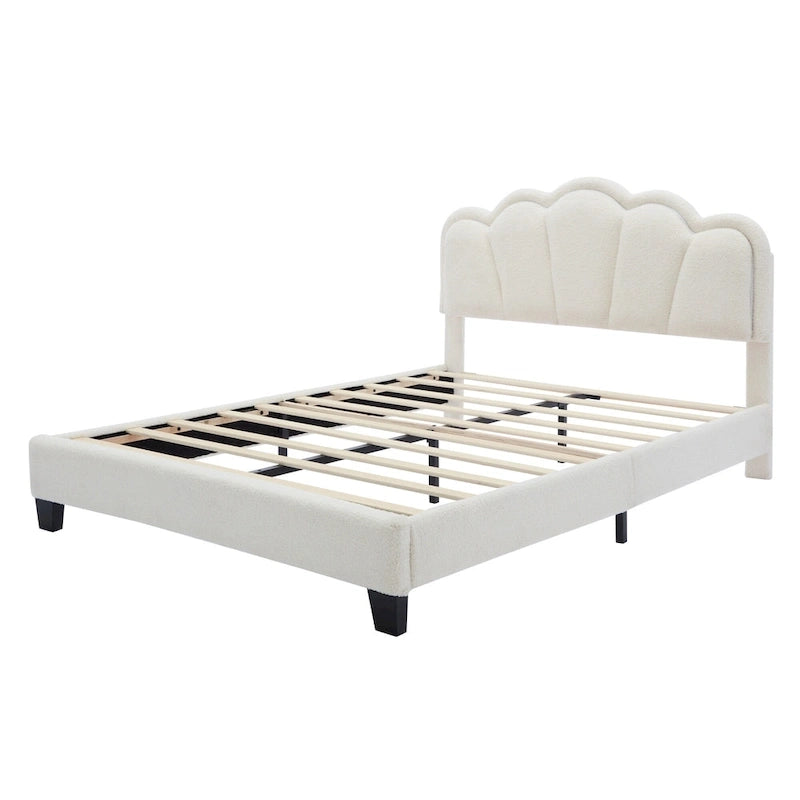 White Full Size Sherpa Fabric Upholstered Platform Bed with Elegant Flowers Headboard and Wooden Slats Support