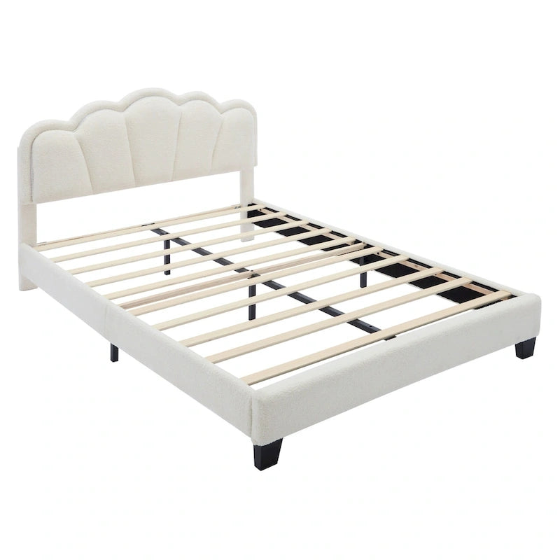 White Full Size Sherpa Fabric Upholstered Platform Bed with Elegant Flowers Headboard and Wooden Slats Support