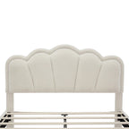 White Full Size Sherpa Fabric Upholstered Platform Bed with Elegant Flowers Headboard and Wooden Slats Support
