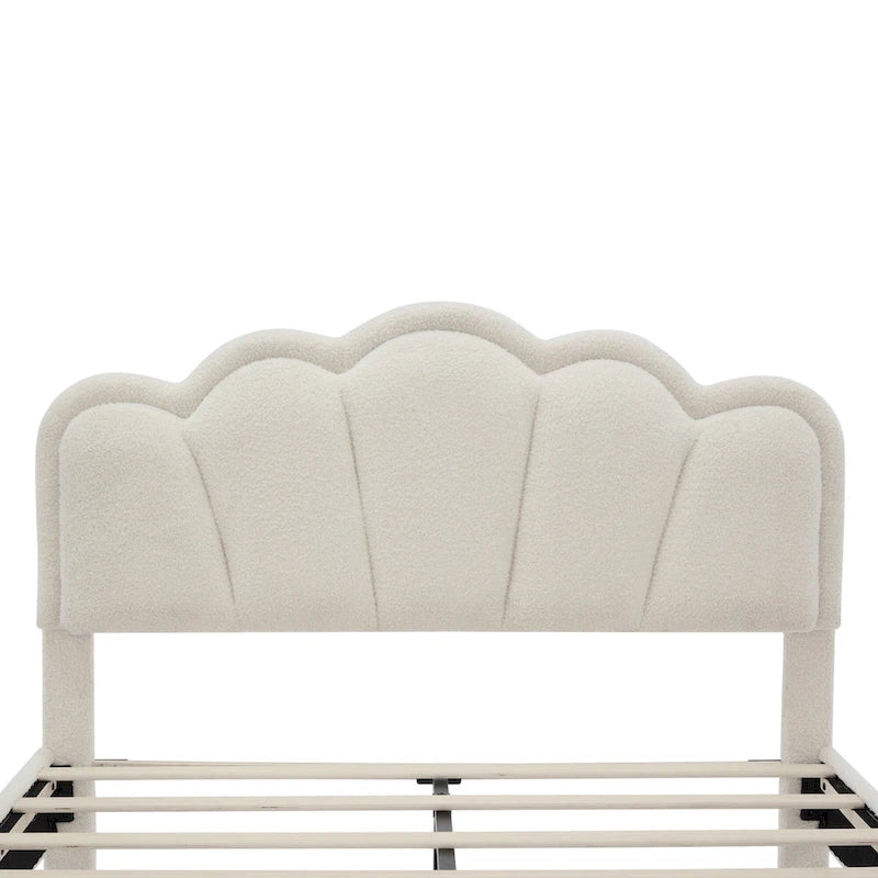 White Full Size Sherpa Fabric Upholstered Platform Bed with Elegant Flowers Headboard and Wooden Slats Support
