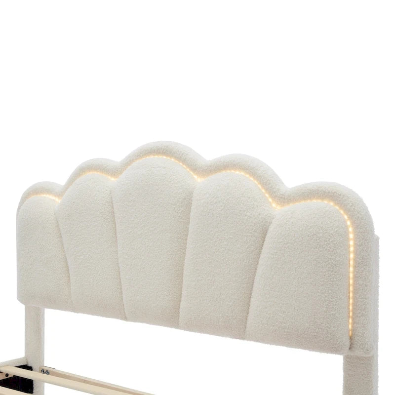 White Full Size Sherpa Fabric Upholstered Platform Bed with Elegant Flowers Headboard and Wooden Slats Support
