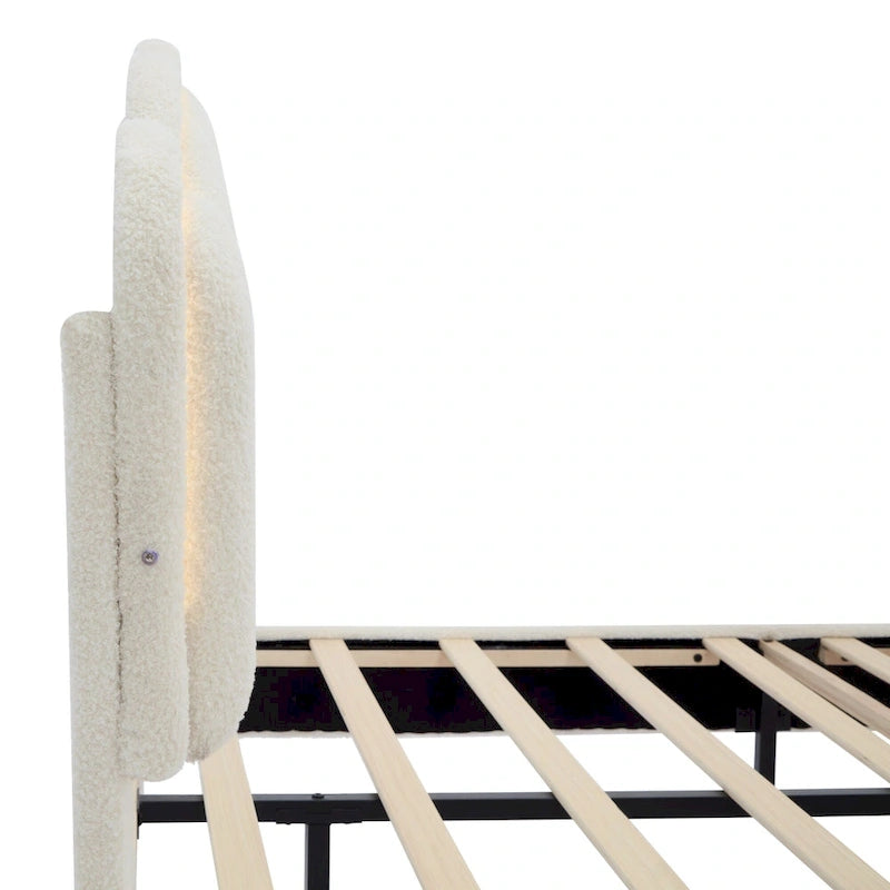 White Full Size Sherpa Fabric Upholstered Platform Bed with Elegant Flowers Headboard and Wooden Slats Support