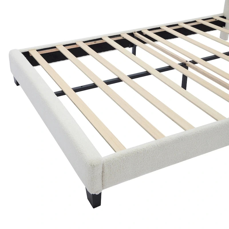 White Full Size Sherpa Fabric Upholstered Platform Bed with Elegant Flowers Headboard and Wooden Slats Support