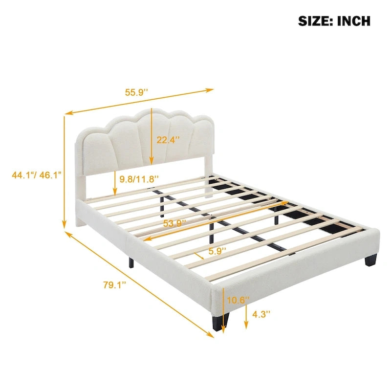 White Full Size Sherpa Fabric Upholstered Platform Bed with Elegant Flowers Headboard and Wooden Slats Support