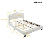 White Full Size Sherpa Fabric Upholstered Platform Bed with Elegant Flowers Headboard and Wooden Slats Support