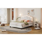 White Full Size Sherpa Fabric Upholstered Platform Bed with Elegant Flowers Headboard and Wooden Slats Support