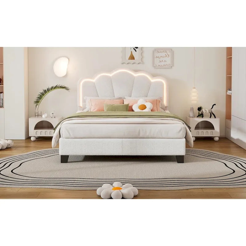 White Full Size Sherpa Fabric Upholstered Platform Bed with Elegant Flowers Headboard and Wooden Slats Support