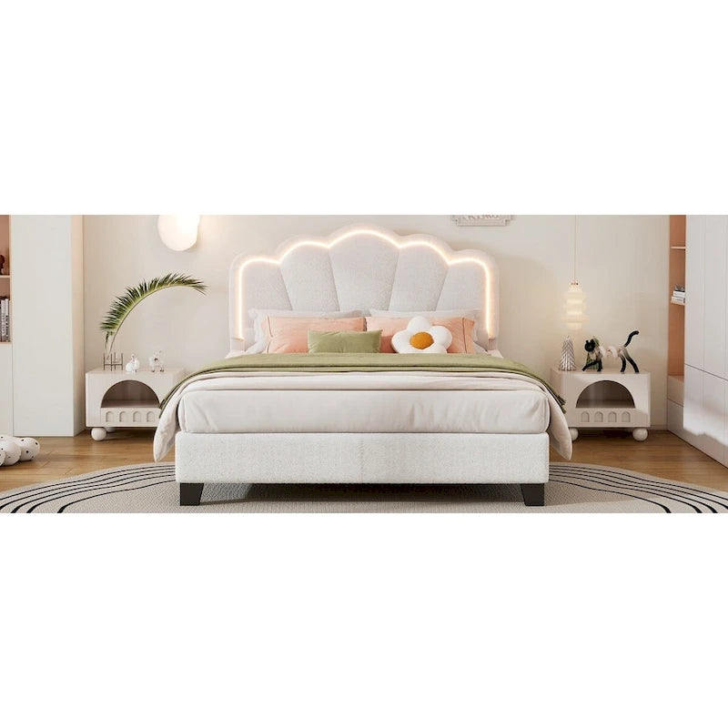 White Full Size Sherpa Fabric Upholstered Platform Bed with Elegant Flowers Headboard and Wooden Slats Support