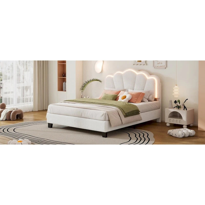 White Full Size Sherpa Fabric Upholstered Platform Bed with Elegant Flowers Headboard and Wooden Slats Support