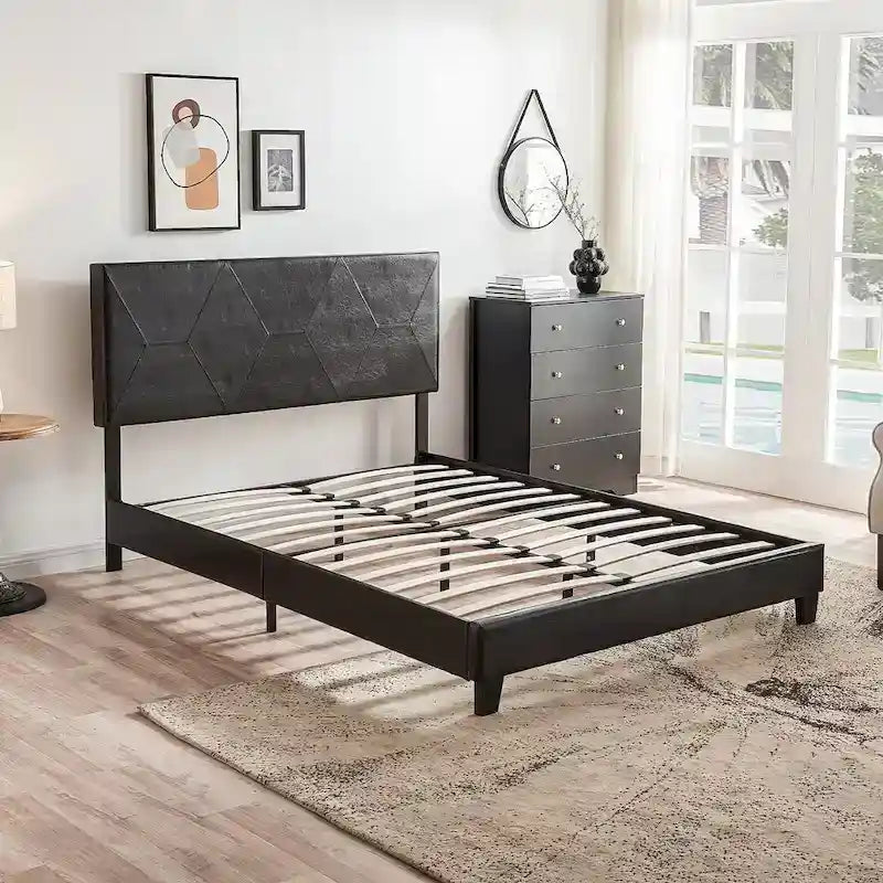 Black Pu Queen Size Upholstered Platform Bed with Slat Support
