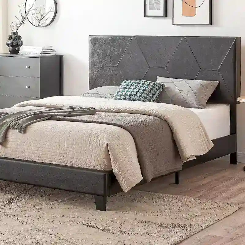 Black Pu Queen Size Upholstered Platform Bed with Slat Support