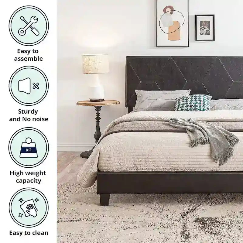 Black Pu Queen Size Upholstered Platform Bed with Slat Support