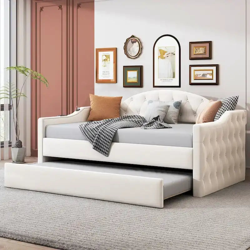 Beige Twin Size Tufted Velvet Upholstered Daybed with Trundle and Type-C Charging Ports