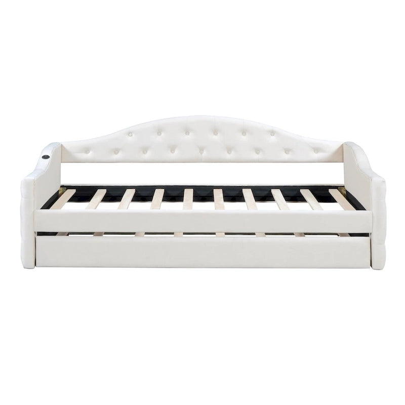 Beige Twin Size Tufted Velvet Upholstered Daybed with Trundle and Type-C Charging Ports