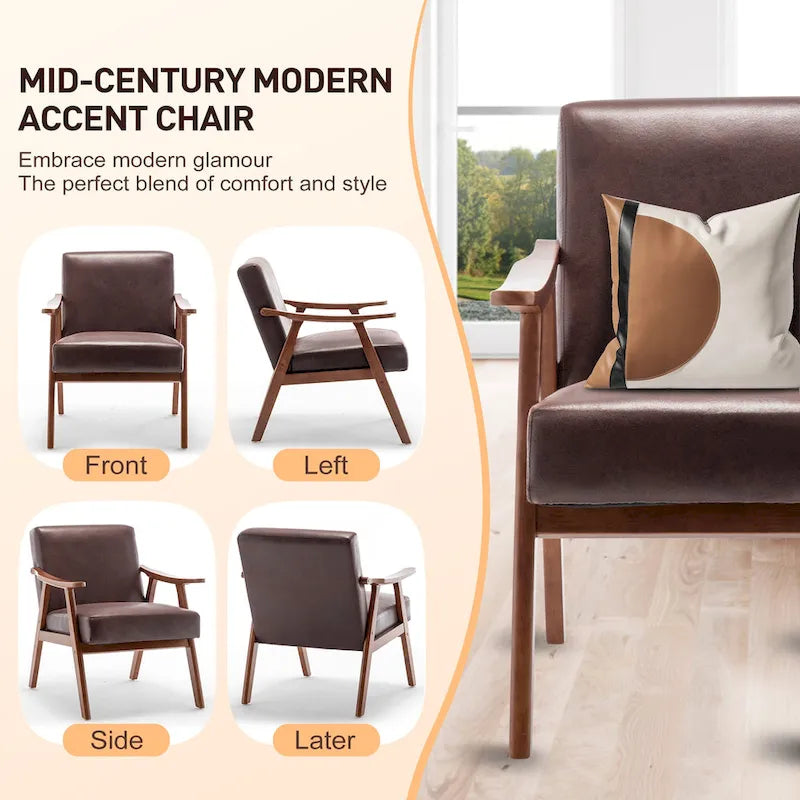 Poltroncina moderna marrone scuro da 26" con struttura in legno massello e schienale extra spesso