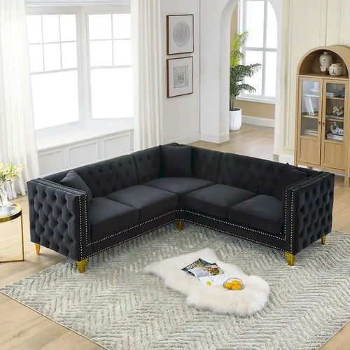 Black 82.2 Velvet Chesterfield L-Shaped Sofa for 5 with Nailhead Trim and Tufted Cushions