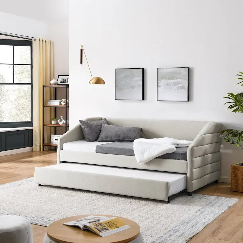 Beige Twin Linen Tufted Daybed with Trundle
