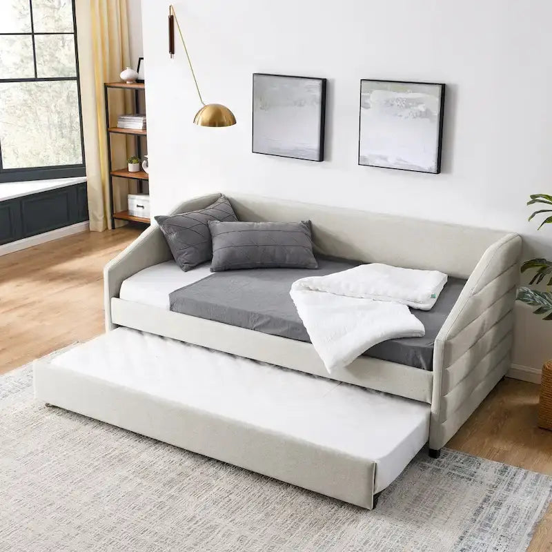 Beige Twin Linen Tufted Daybed with Trundle