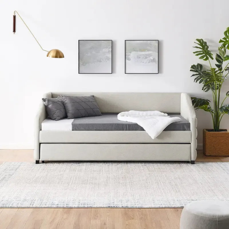 Beige Twin Linen Tufted Daybed with Trundle