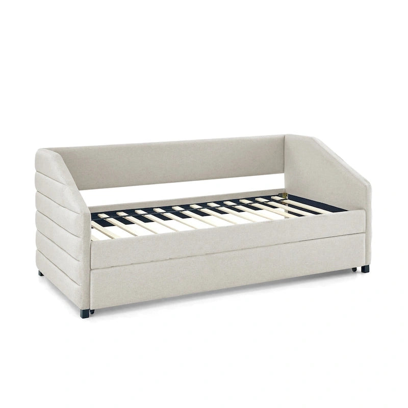 Beige Twin Linen Tufted Daybed with Trundle