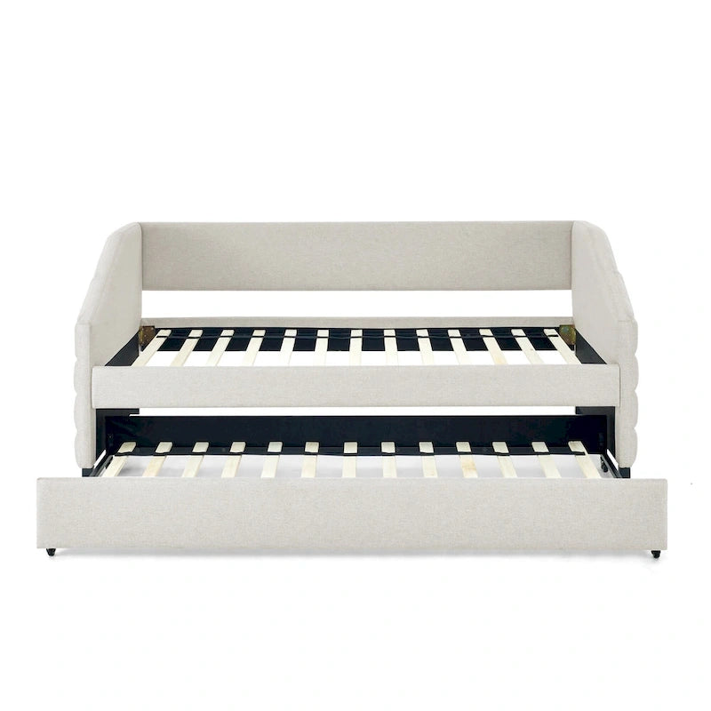 Beige Twin Linen Tufted Daybed with Trundle