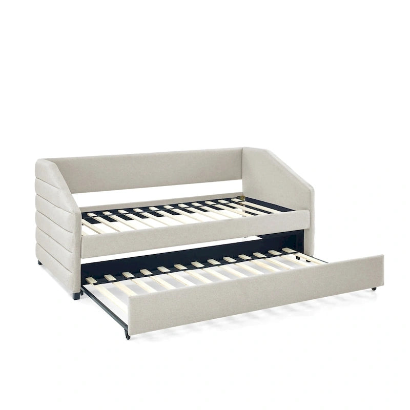 Beige Twin Linen Tufted Daybed with Trundle