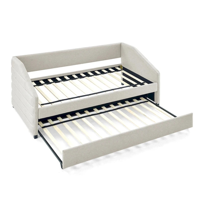 Beige Twin Linen Tufted Daybed with Trundle