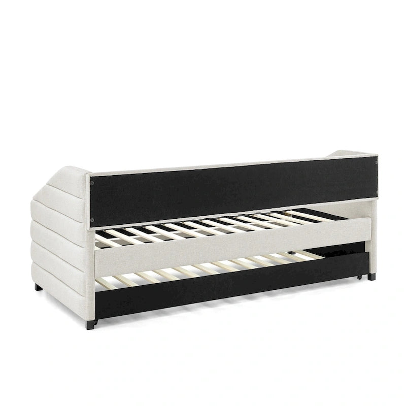 Beige Twin Linen Tufted Daybed with Trundle