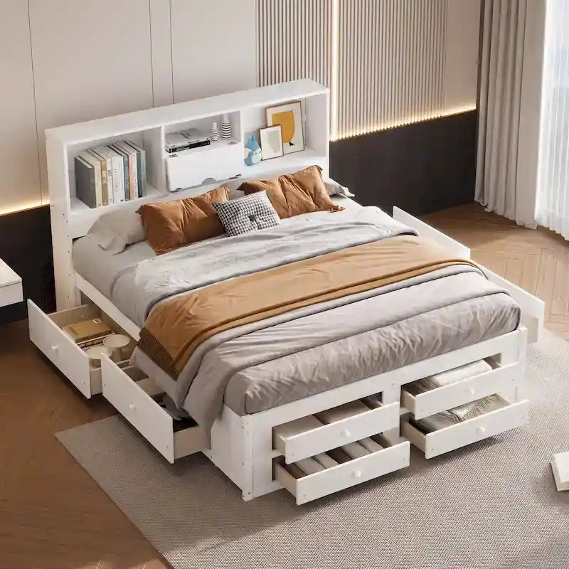 White King Size Modern Wooden Bed with Storage Headboard and 8 Drawers