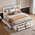 White King Size Modern Wooden Bed with Storage Headboard and 8 Drawers