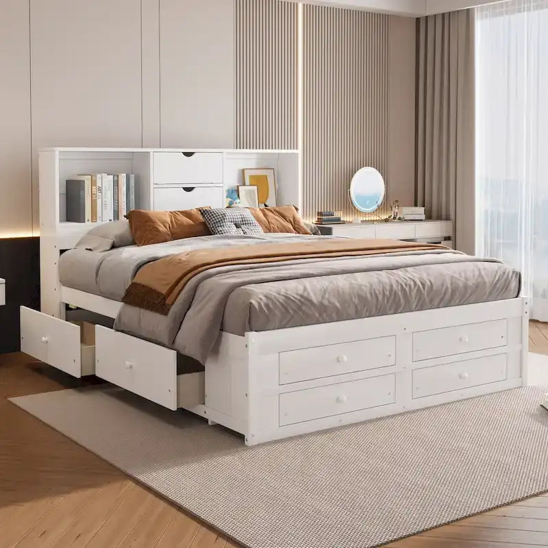 White King Size Modern Wooden Bed with Storage Headboard and 8 Drawers