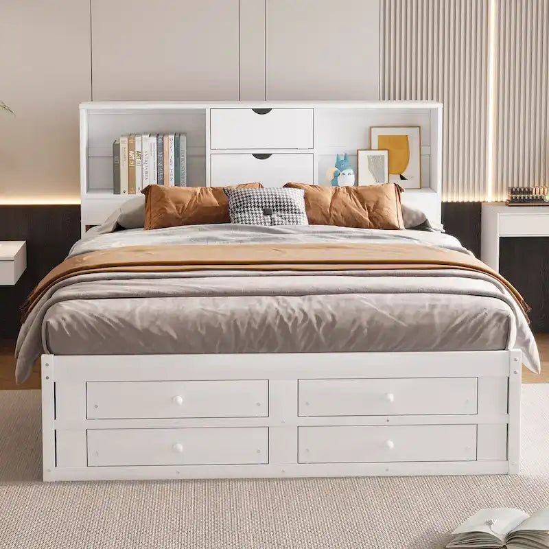 White King Size Modern Wooden Bed with Storage Headboard and 8 Drawers