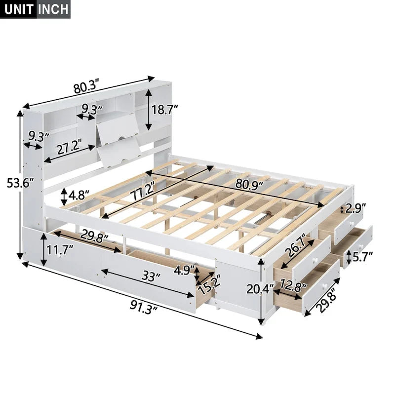 White King Size Modern Wooden Bed with Storage Headboard and 8 Drawers
