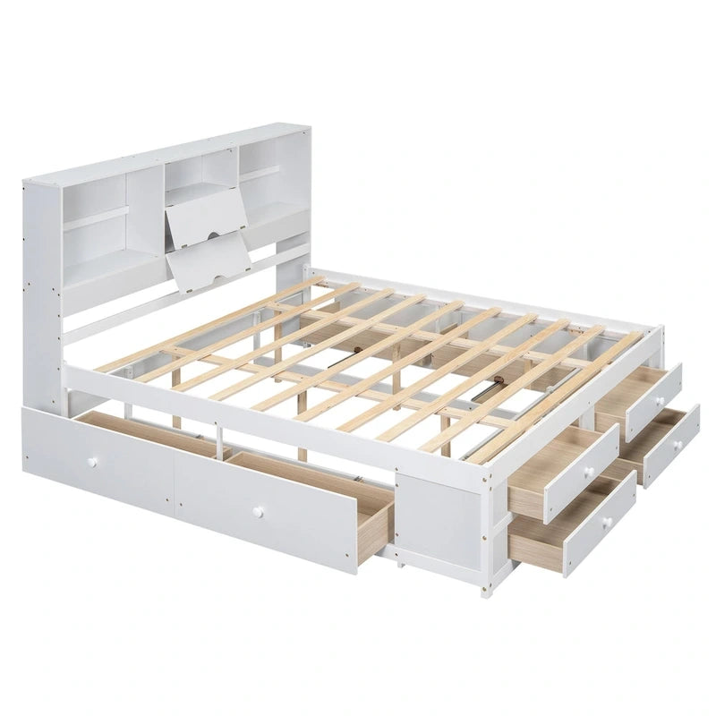 White King Size Modern Wooden Bed with Storage Headboard and 8 Drawers