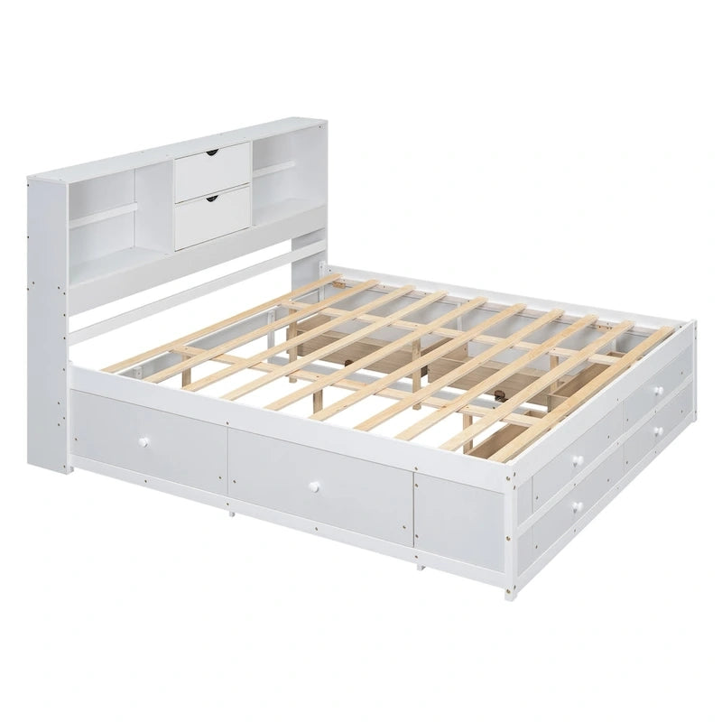 White King Size Modern Wooden Bed with Storage Headboard and 8 Drawers