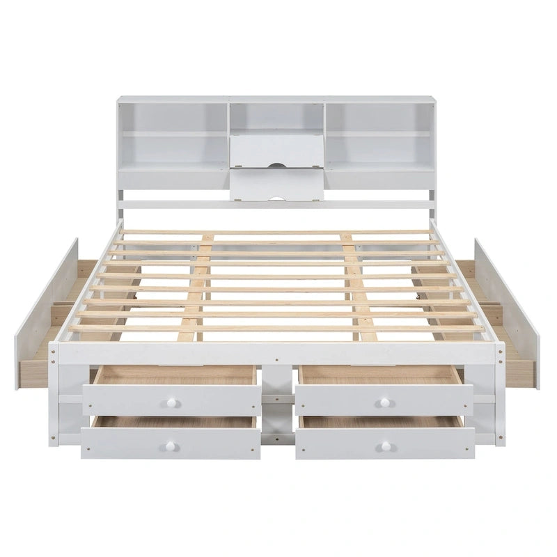 White King Size Modern Wooden Bed with Storage Headboard and 8 Drawers
