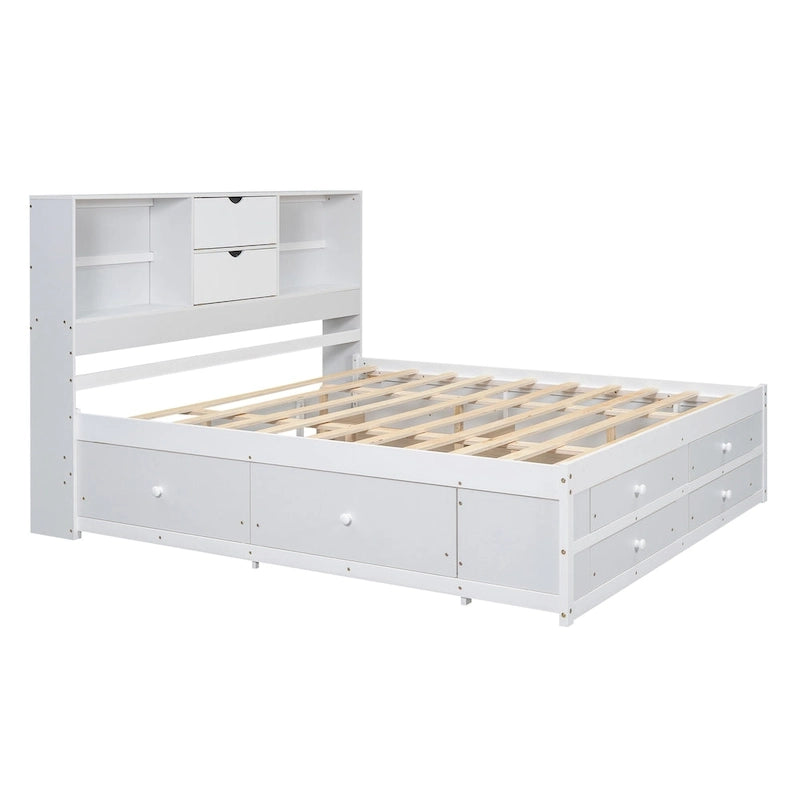 White King Size Modern Wooden Bed with Storage Headboard and 8 Drawers