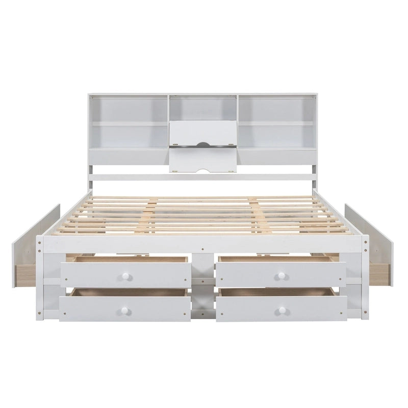 White King Size Modern Wooden Bed with Storage Headboard and 8 Drawers