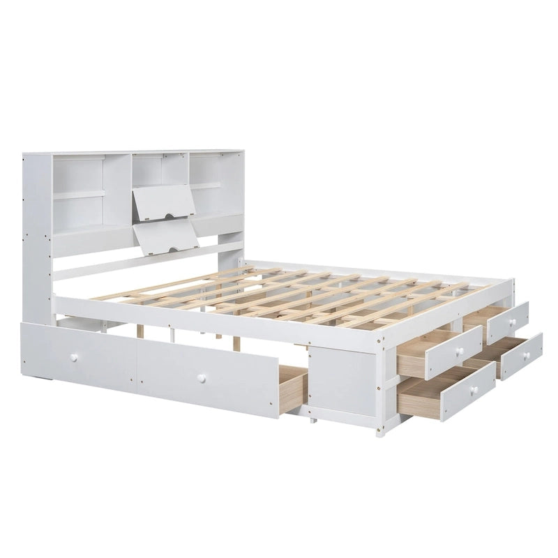 White King Size Modern Wooden Bed with Storage Headboard and 8 Drawers