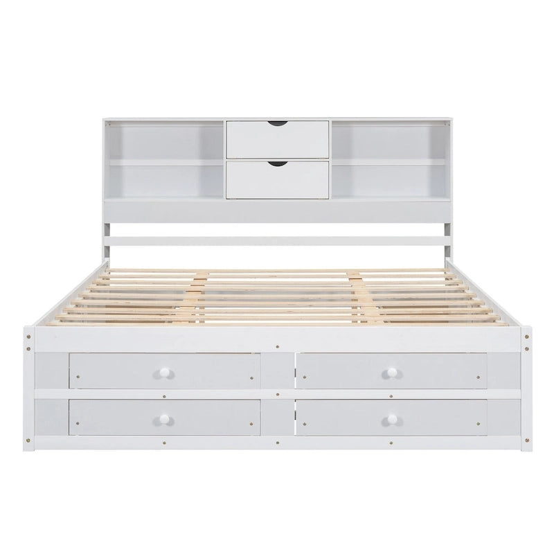 White King Size Modern Wooden Bed with Storage Headboard and 8 Drawers