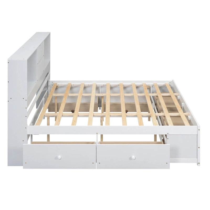 White King Size Modern Wooden Bed with Storage Headboard and 8 Drawers