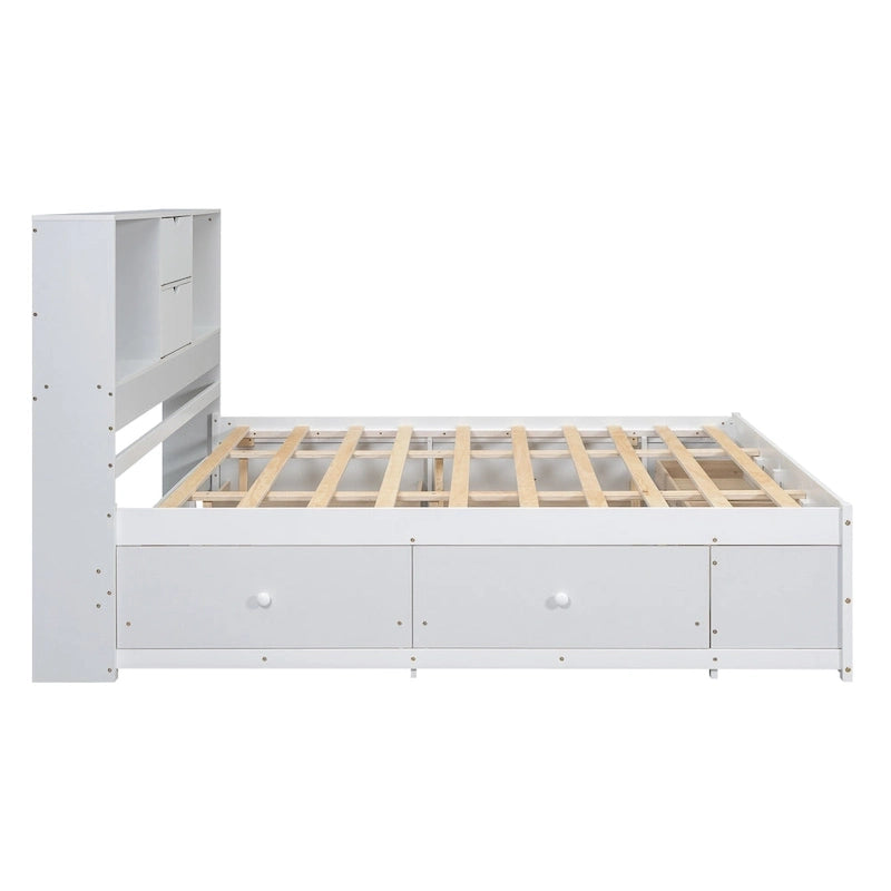 White King Size Modern Wooden Bed with Storage Headboard and 8 Drawers