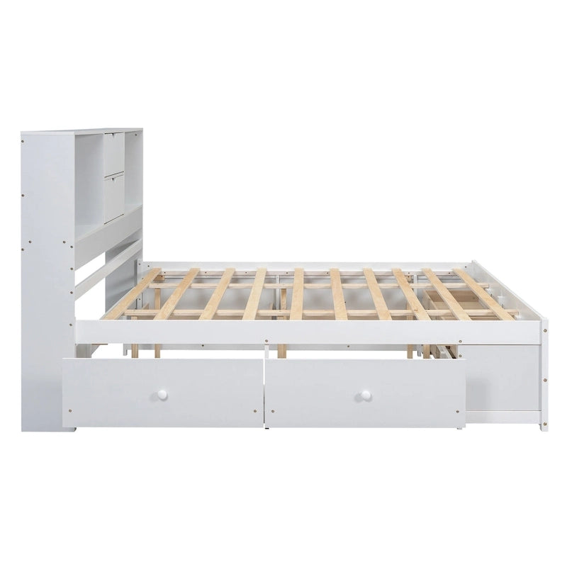 White King Size Modern Wooden Bed with Storage Headboard and 8 Drawers