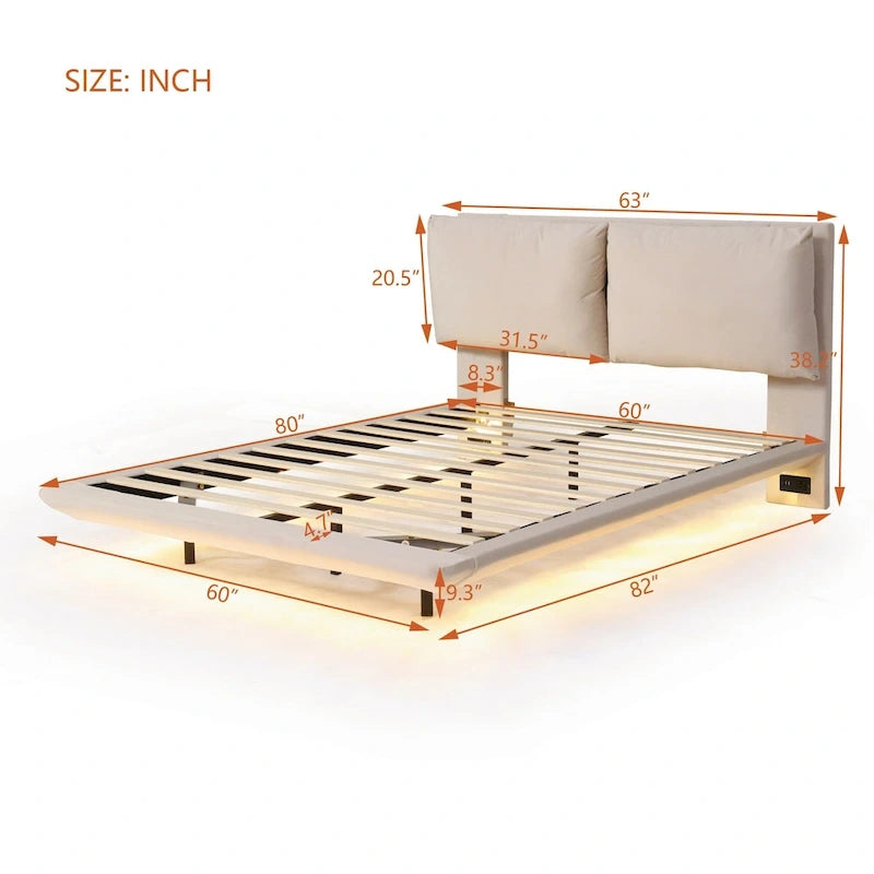 Letto flottante in velluto con luce sensore