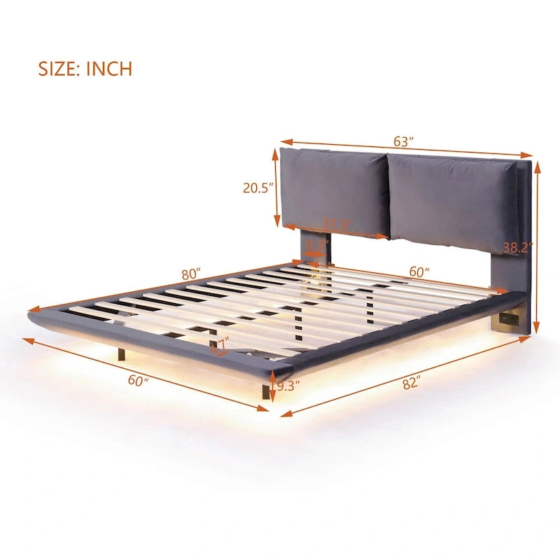 Letto flottante in velluto con luce sensore