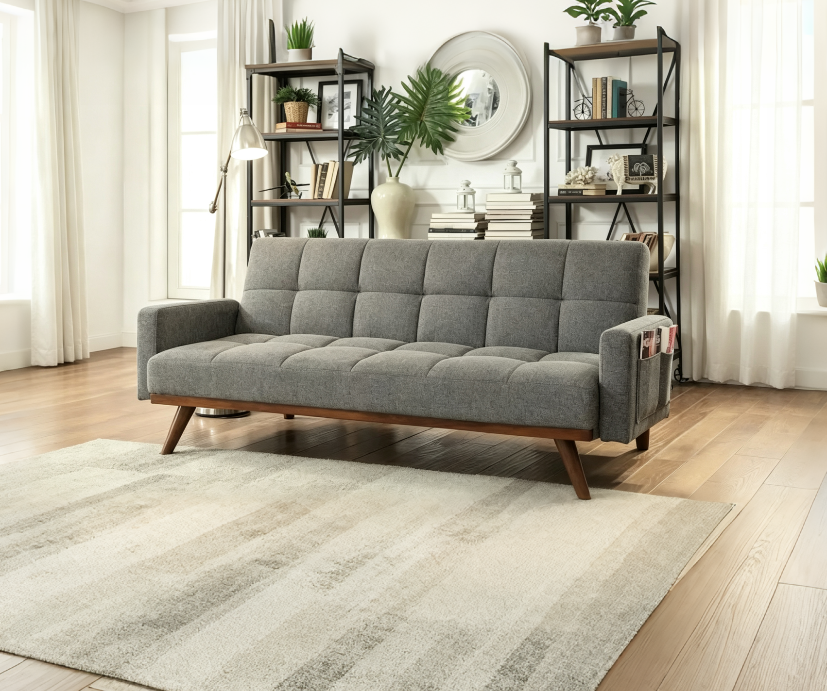 Divano Letto Futon trapuntato a biscotto in Lino Grigio con Gambe in Legno di Noce