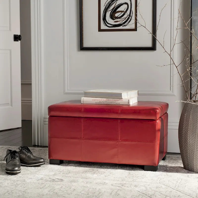 Tufted Bicast Leather Storage Bench with Hinged Lid and Wooden Legs