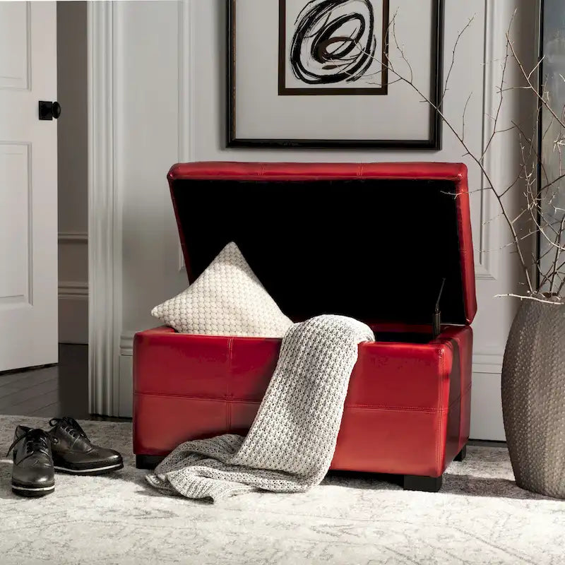 Tufted Bicast Leather Storage Bench with Hinged Lid and Wooden Legs