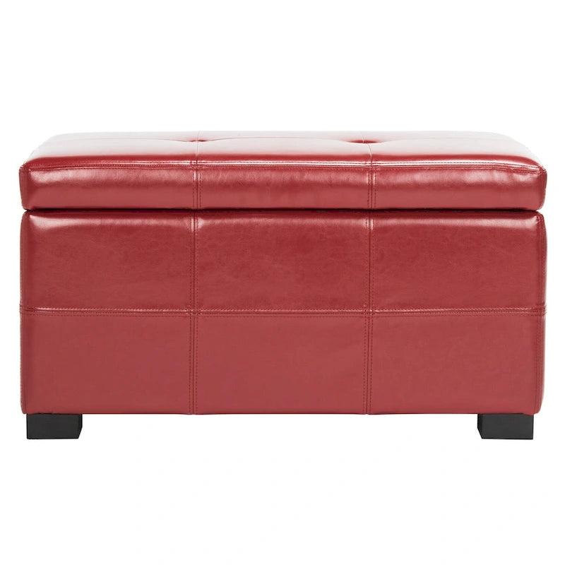 Tufted Bicast Leather Storage Bench with Hinged Lid and Wooden Legs